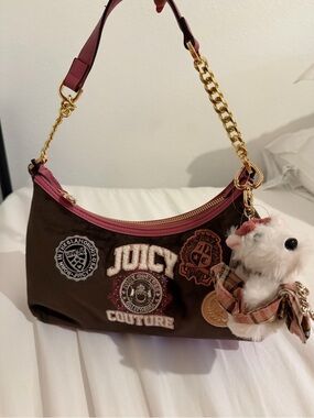 Juicy Couture Brown and Pink Embroidered Shoulder Bag with Plush Charm